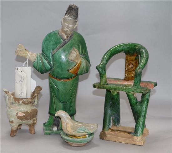 A group of four Ming dynasty sancai figures and vessels H 27.5cms